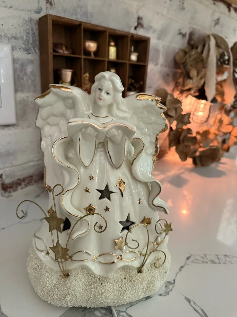 Vintage Porcelain Angel with Gold Star Accents - White and Gold